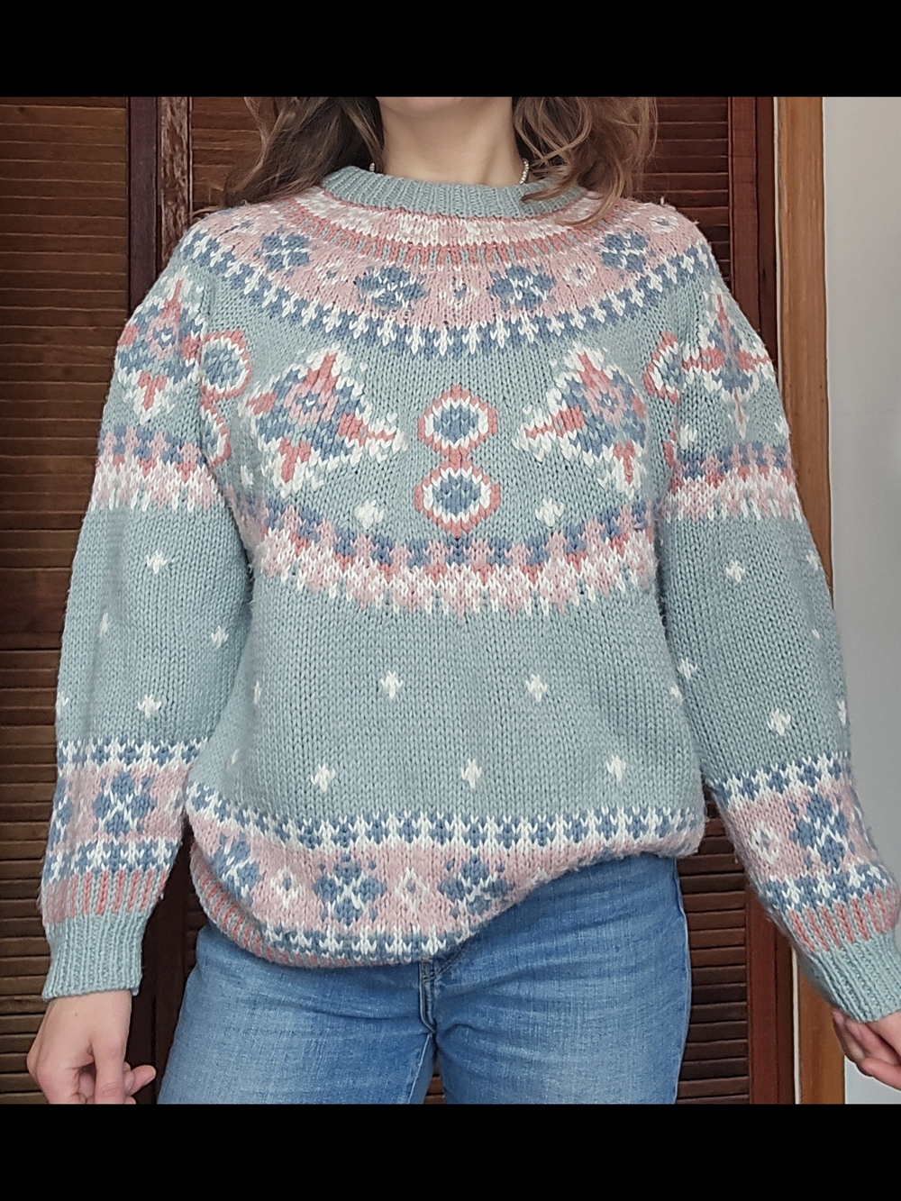 Cozy Fair Isle Knit Sweater in Sage Green and Pink
